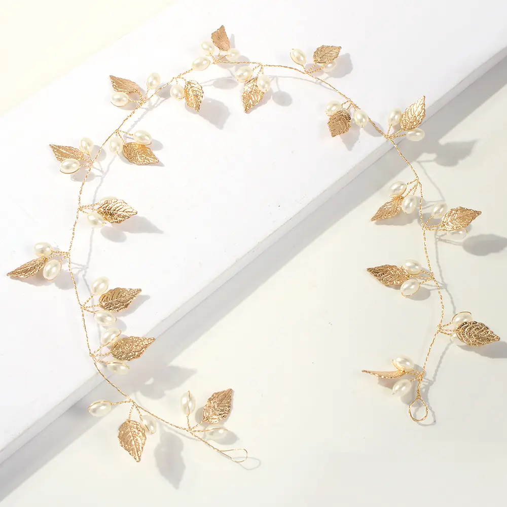 Wholesale White Pearl Leaf Branch Headband Women Hairband Boho INS Gold Plated Metal Bridal Wedding Head Accessories Hair Pins