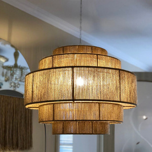 Lustre en corde de chanvre de style japonais, diamètre 50cm 60cm 80cm, lumière LED ronde, ampoule E27, salon, chambre à coucher, salle à manger, bureau - Product Image 1