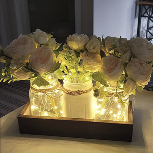 <strong>Rustic</strong> <strong>Wedding</strong> Mason Jar <strong>Centerpiece</strong> with LED Lights for Farmhouse Decor, Handmade Tray with Silk Flowers F-UA06 - Product Image 6