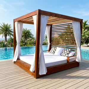 Cama de Día de Madera Personalizable de Estilo Costero para Exteriores, Pérgola con Toldo y Cortina, Muebles de Descanso para Patio y Piscina - Product Image 3