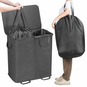 Double Laundry Hamper with Lid and Removable Laundry Bags <b>Large</b> Collapsible 2 Dividers Dirty Clothes <b>Basket</b> with Handles - Product Image 3