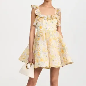 2024 Floral Print Harmony Frilled Mini Dress Square Neckline Dress Women Summer Backless Smocked Elastic Structured Skirt