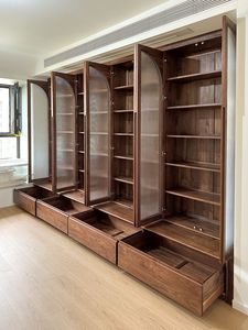 Bibliothèque en bois massif sur mesure, directement de l'usine, avec porte en verre cintrée, pour salon ou bureau - Product Image 5