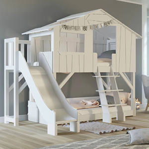 Cama litera de madera maciza con forma de casa de árbol, cama litera para niños con tobogán, cama litera de madera de caucho maciza para muebles infantiles - Product Image 2