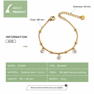 สร้อยข้อมือประดับจี้ทรงกลมเพชรซิร์คอน  โซ่สเตนเลสสตีลชุบทอง 14K แบบสุญญากาศ  พร้อมตัวล็อกแบบก้ามปูปรับได้ - Product Image 3