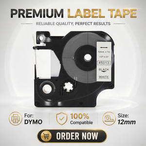 Nastro per <span class=keywords><strong>Etichette</strong></span> Compatibile <span class=keywords><strong>Dymo</strong></span> D1 45013, Cartuccia per Stampante Labelmanager, Adesivo Termico Nero su Bianco 12mm, Nastro per Stampante - Product Image 1