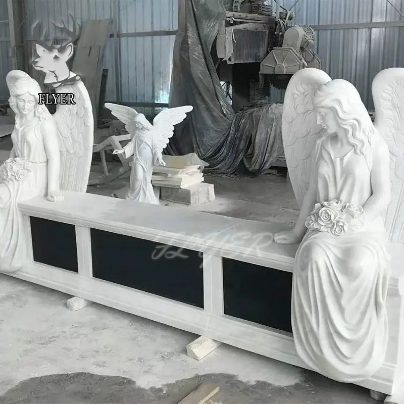 Escultura de Ángel de mármol blanco alado, piedra conmemorativa, piedra Tombstone