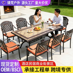 Outdoor Aluminum <b>Table</b> Set With Tile Top Rectangular 6 Seater Weather Resistant Patio Furniture For Garden Court Yard Hotel - Product Image 2