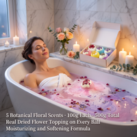 Coffret Cadeau de Bombes de Bain Artisanales aux Fleurs Séchées Naturelles, 5 Pièces, 100g, Rose, Lavande, Camomille, Violette, Lait de Rose, Étiquette OEM