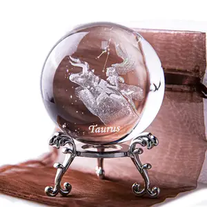 60mm 3D Inner Carving Constellation Ball Crystal Paperweight Full Sphere Glass Fengshui With Sliver-Plated Flowering Stand