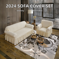 Housse de canapé moderne blanche, extensible et lavable, avec jupe de protection, pour salon, compatible animaux, pour canapé 3+1+1 places, avec protection accoudoirs et habillage de fauteuil