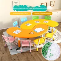 Mesa y Silla de Plástico Resistente para Educación Temprana Infantil, Escritorio de Estudio para Bebés, Escritorio Multifuncional Ajustable Tipo Luna