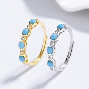 Anillo Ajustable de Plata de Ley 925 con Turquesa Redonda, Chapado en Oro, para Compromiso y Boda, Precio de Fábrica Económico para Mujer - Product Image 1