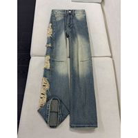 Jean déchiré pour homme, coupe droite, effet vieilli, bords bruts, style vintage, streetwear décontracté Y2K, vente en gros, nouveau modèle de créateur