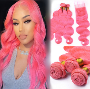 Extensão de cabelo rosa, conjunto brasileiro raw ondulado de cabelo humano grau 10a pacotes com fechamento frontal