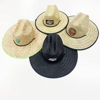 Chapeau de plage en paille brodé à bord plat, style sauveteur, avec patch logo personnalisé, fermeture auto-agrippante, idéal pour l'été, la mode, la protection solaire, le surf et le safari