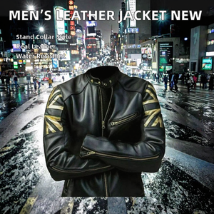 Veste en cuir pour homme avec logo de marque moderne, col montant, couleur unie, décontractée, imperméable, respirante, état neuf, fiable - Product Image 2