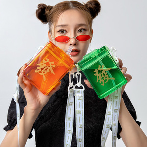 Chinese Style Mahjong Cup With Straw 500ml Reusable Portable Water Bottle With Shoulder Strap For Outdoor Use - Product Image 2