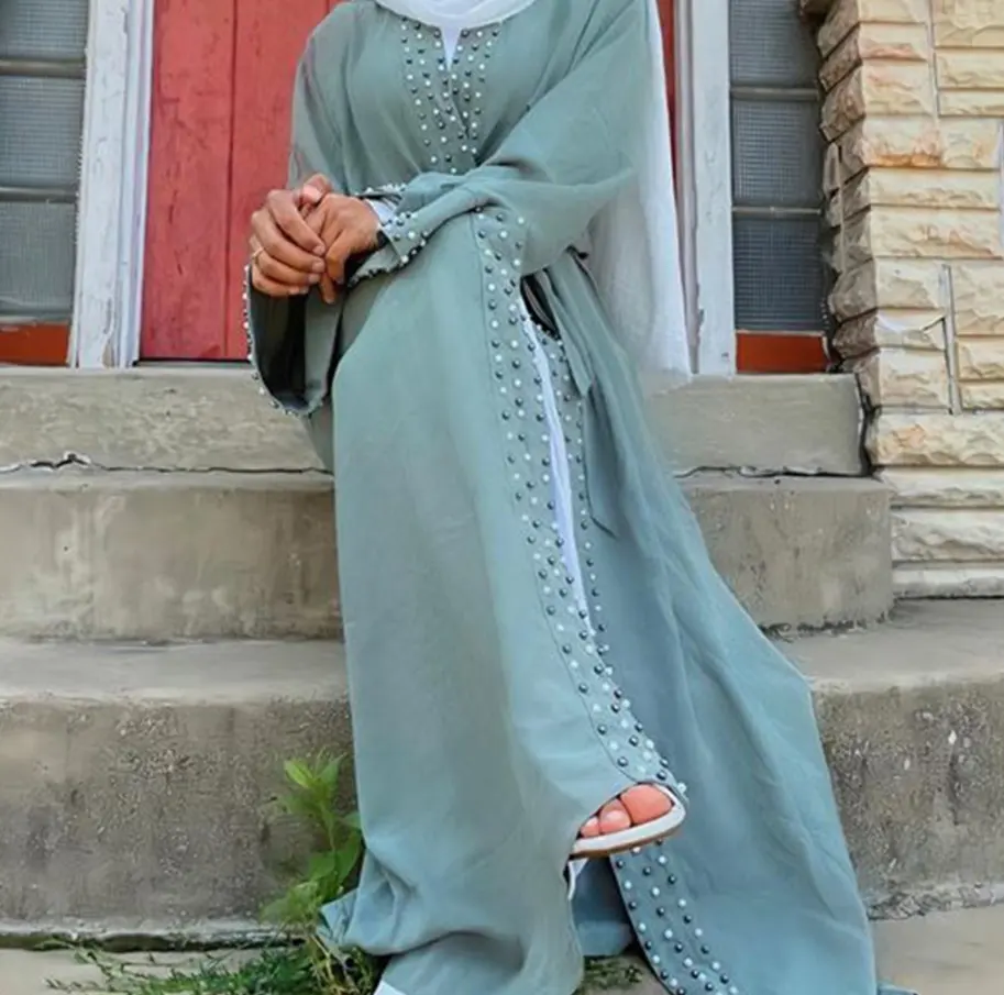 2023 mode modeste femmes vêtements islamiques Robe Robe longue élégante ouverte avant Kimono robe musulmane perles Cardigans Abaya