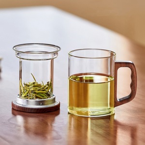 Tasse à thé portable en verre borosilicate résistant aux hautes températures avec couvercle, infuseur et poignée en bois - Product Image 3