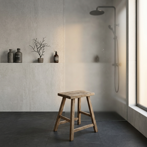 Tabouret de douche moderne en teck avec assise à lattes courbées - Product Image 3