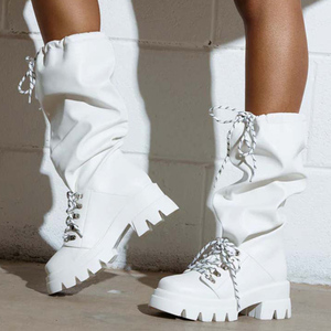 Women Low Chunky Heels Knee High Boots Thick Sole Round Toe Long Booties Front <b>Lace</b> up Top Wide <b>Elastic</b> Cut Causal Shoes - Product Image 4