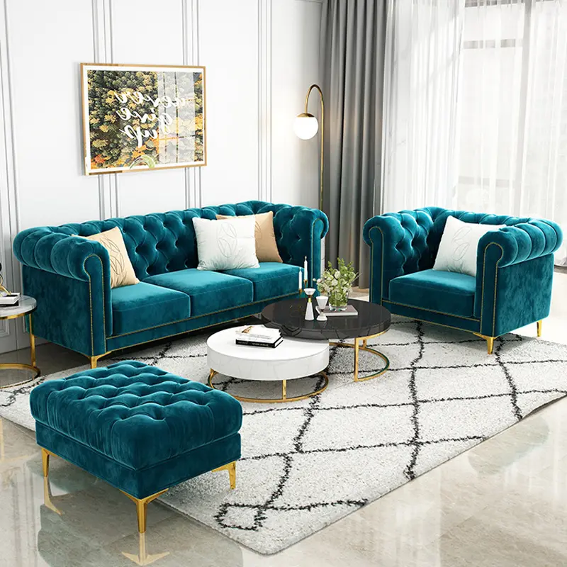 3 Seater Living Room Blue Velvet Royal Sofa Set Furniture Luxury