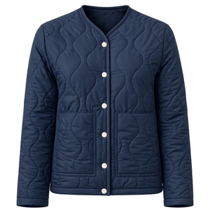 Dark Navy Blue Quilted Wave Pattern Snap <b>Button</b> Lightweight Collarless Winter Warm Padded Puffer <b>Coat</b> Outwear Women Casual Short - Product Image 1