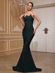 Koyu yeşil Vintage stil kat uzunluk balık kuyruğu bandaj kadınlar için klas zarif parti elbiseler - Product Image 3