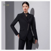 Ensemble tailleur pantalon et blazer pour femme, coupe droite, anti-plis, grande taille, en tissu peigné, col en V, pour le bureau et les affaires