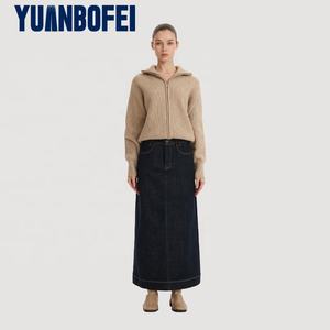 YUANBOFEI Jupe Mi-Longue en Jean Bleu pour Femme, Coupe Cintrée Style Trapèze avec Logo à la Taille, pour l'Automne - Product Image 1