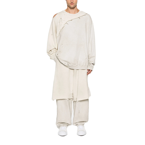 Felpa primaverile da <span class=keywords><strong>uomo</strong></span> bianca in maglia con design a strati misti, dettagli patchwork, orlo a costine, girocollo e spalle scese effetto distressed - Product Image 5