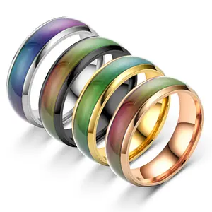 Toptan Yuzuk Temperature Change Color Stainless Steel Ring Anillo De Acero Inoxidable Black Gold Plated Cheap Colorful Ring
