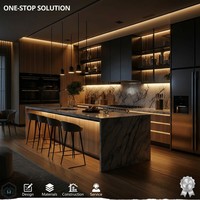 Système d'armoires de cuisine modernes de luxe sur mesure, grand îlot cascade en marbre, armoires modulaires en bois, laque et verre, solution tout-en-un