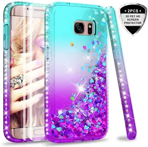 LeYi For Samsung Galaxy S7 Edgeケース、3D HD PETスクリーンプロテクター [2パック] 、3DグリッターリキッドTPU電話カバー