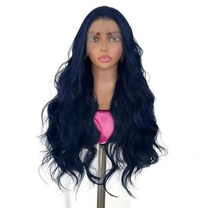 Perruque noire avec cheveux longs ondulés en fibre résistante à la chaleur, sans colle, taille 13*4, perruque synthétique en dentelle haute définition, cheveux mélangés - Product Image 5