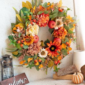 Couronne <span class=keywords><strong>de</strong></span> fleurs artificielles d'automne 2026 pour Halloween, avec tournesols, dahlias et pommes, pour décoration <span class=keywords><strong>de</strong></span> porte - Product Image 5