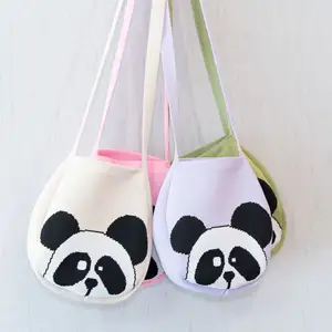 Hot Selling Fashion Cute Colorful Panda Pattern Knitted Hand Bag Women Wrist Bag Crossbody Cell Phone Purse For Woven Girls