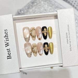 Golden Autumn Mystery Luxury Cat Eye Press en las <span class=keywords><strong>uñas</strong></span> con tallado dorado Diseño pintado a mano <span class=keywords><strong>Uñas</strong></span> <span class=keywords><strong>postizas</strong></span> estéticas - Product Image 4