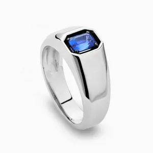 Custom Men Jóias Prong-Setting Blue Sapphire Signet Ring