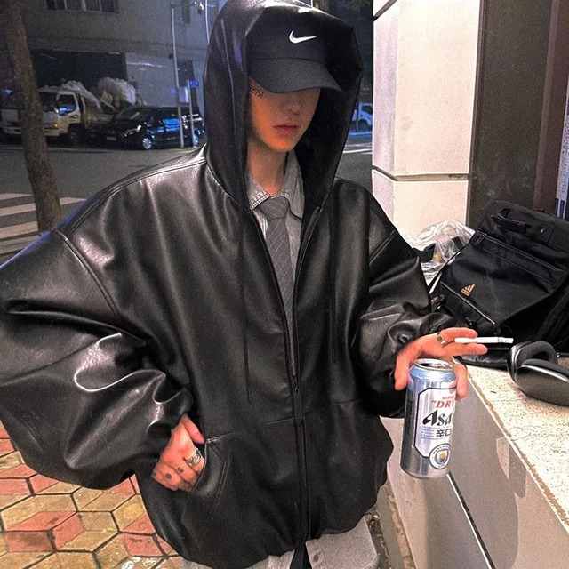 New Genuine Fashionable Men's Plus Size Leather Coat Wholesale Custom Windproof College PU Leather Bomber Hooded Jacket