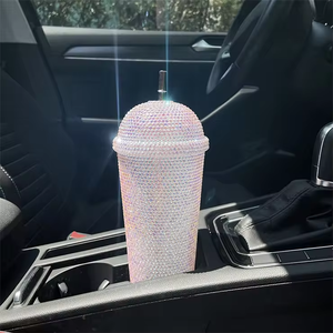 Bouteille d'eau pliable personnalisée pour voyage, 700 ml, avec couvercle et paille, ornée de cristaux et de strass faits à la main, 22 oz - Product Image 3