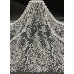 White Latest Arrival <strong>Heavy</strong> Beaded Sequin Wedding Dress <strong>Lace</strong> <strong>Fabric</strong> Embroidery White 3D Sequin Beads Bridal Dress <strong>Lace</strong> <strong>Fabric</strong> - Product Image 1