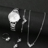Ensemble de montres en acier inoxydable de style nouveau, 37 mm, verre, cadran analogique à aiguilles, bijoux simples et élégants, collier, bracelet, bague, boucles d'oreilles