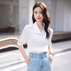 Women's White Shirt Solid Color Poplin Collared Short Sleeve Chic Commuter Top - Product Image 1