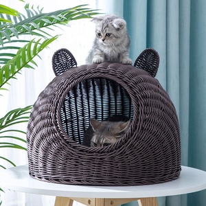 Nette Katze Höhle Haustier Bett Haus Großhandel natürliche handgemachte gewebte blau und rosa atmungsaktive Handwäsche Katze Rattan Bett Haus - Product Image 3