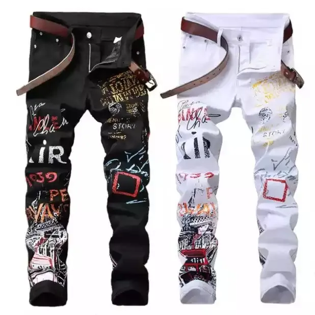 Herren Jeans Nachtclub High Street Fashion Bedruckte Jeans Herren Punk Hose Skinny Hip Hop Schwarz Weiß Personal Designer Jeans