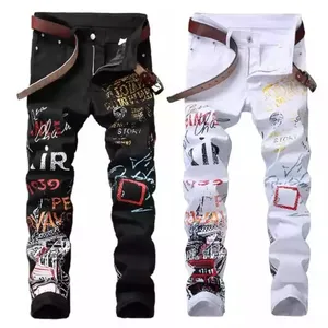 Men's Jeans Nightclub High Street Fashion Printed Jeans Men's Punk Pants Skinny Hip Hop Black White Personal Designer Jeans