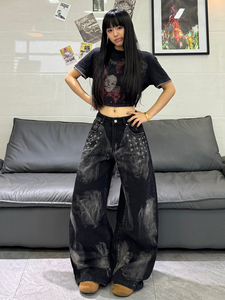 Jeans pour femmes grande taille personnalisés, jeans noirs délavés à l'acide, jeans taille basse pour femmes, fabricants en Chine - Product Image 3