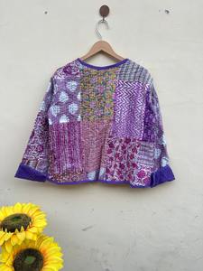 Veste Kantha en patchwork de coton, style décontracté, cousue à la main, écologique, réversible, col en V, fermeture à boutons, pour femmes indiennes, taille régulière - Product Image 5